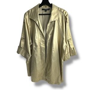 Linear Gold Metallic Linen Blend Open Front Jacket Plus 2X 3/4 Sleeve